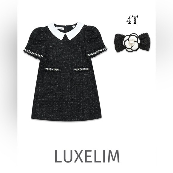 Luxelim sz 4 Lucy Dress & matching bow black Tweed white pearl trim - Picture 1 of 10